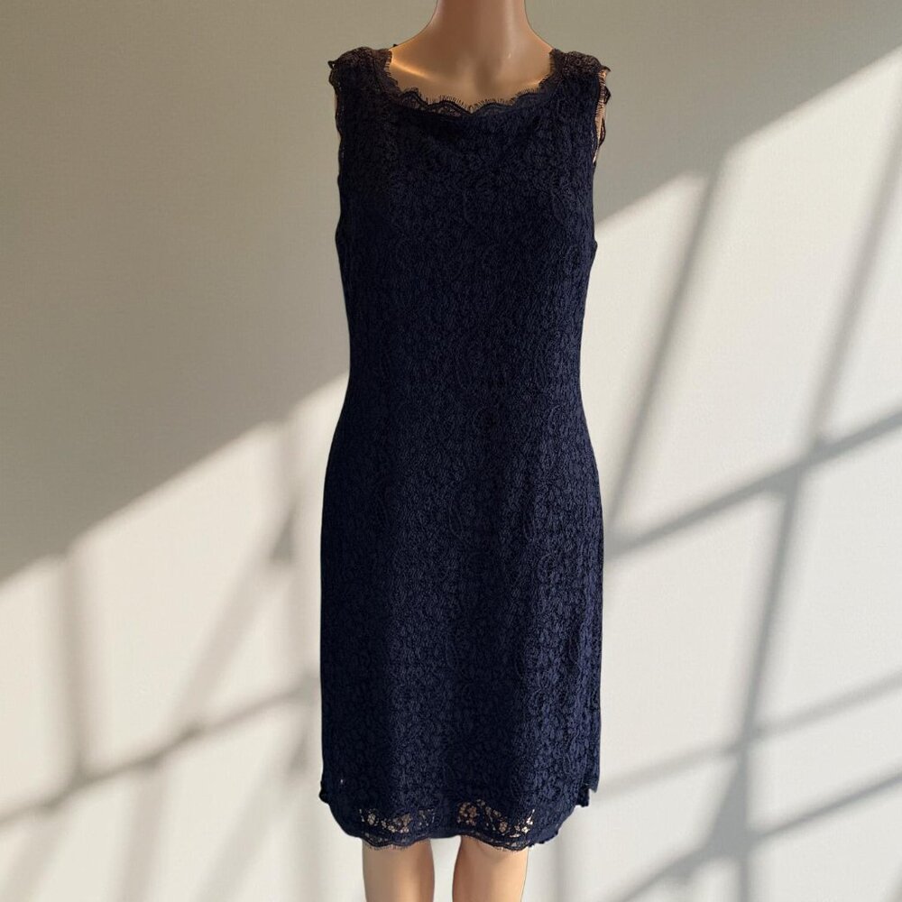 Adrianna Papell Navy Blue Lace Sleeveless Scoop Neck Back V Neck Size 10 - Picture 1 of 4